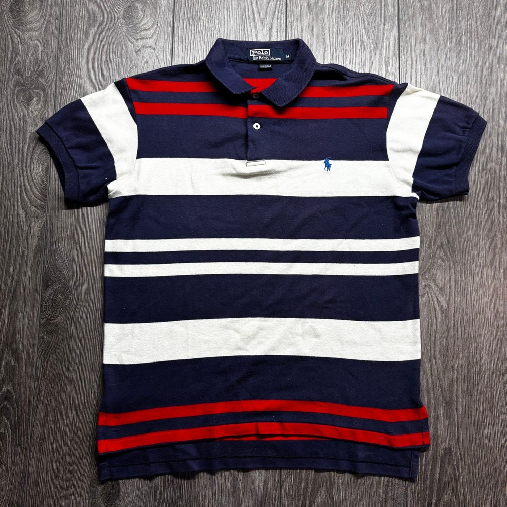 Polo Ralph Lauren Mens Striped Polo Shirt Medium Blue White Red Made in USA